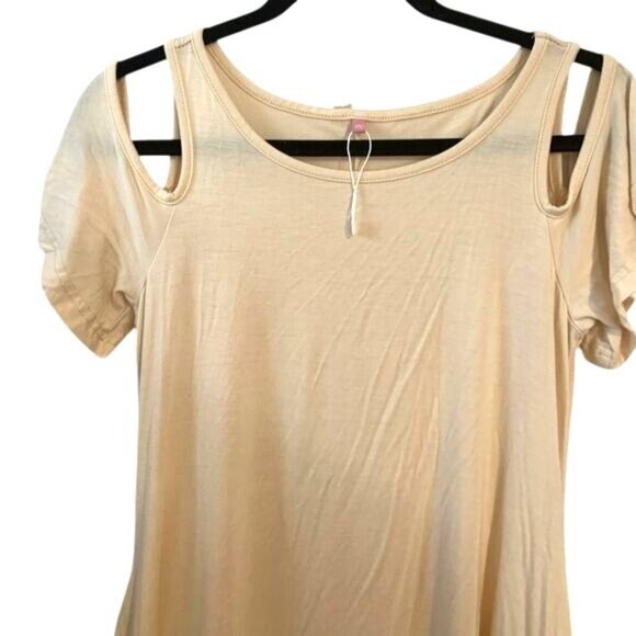 Cold Shoulder Women’s Dress With Pockets Beige Rayon Spandex - Picture 2 of 9